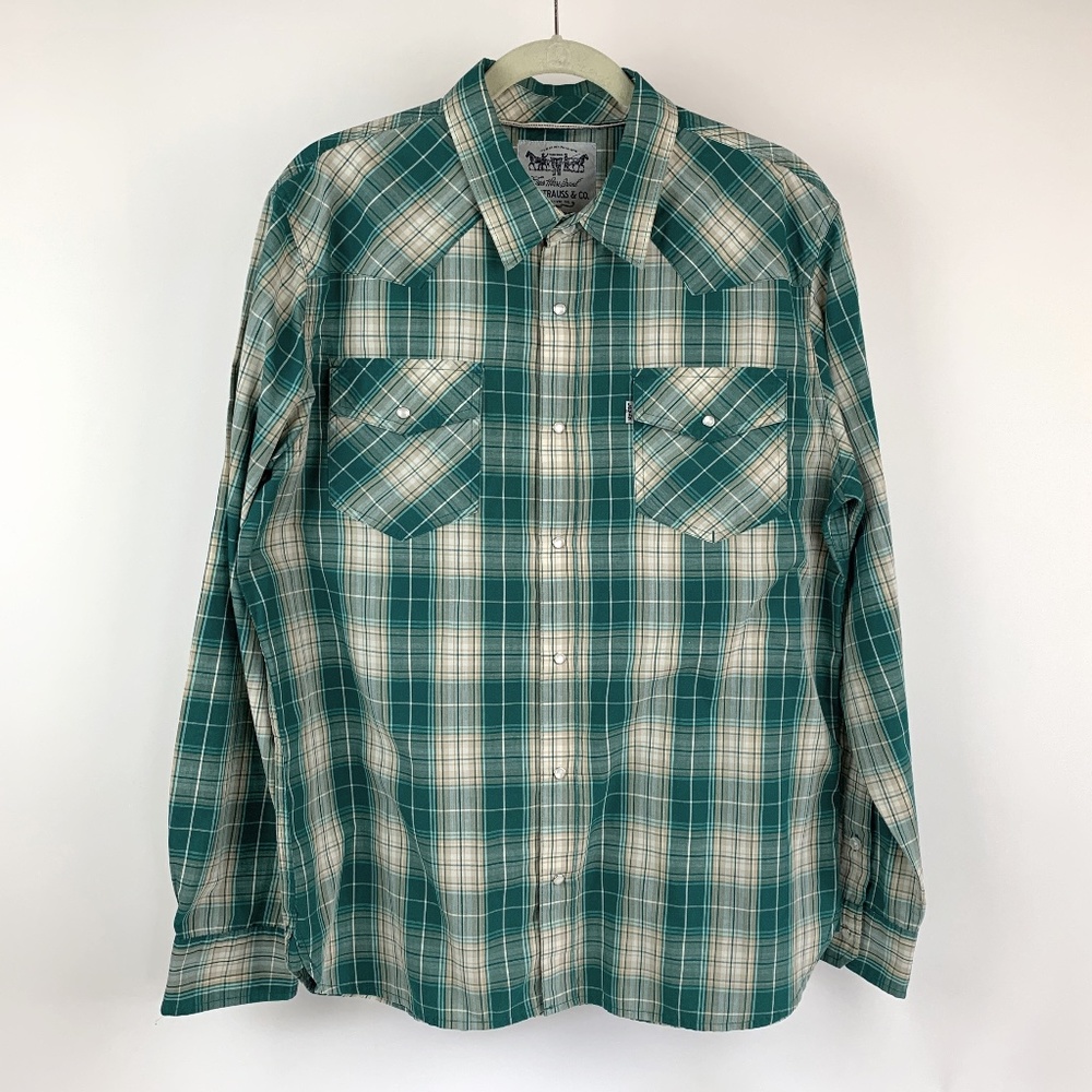 Mens Levi Two Horse Brand Western Style Shirt Green/Tan Plaid Size L Pearl Snaps